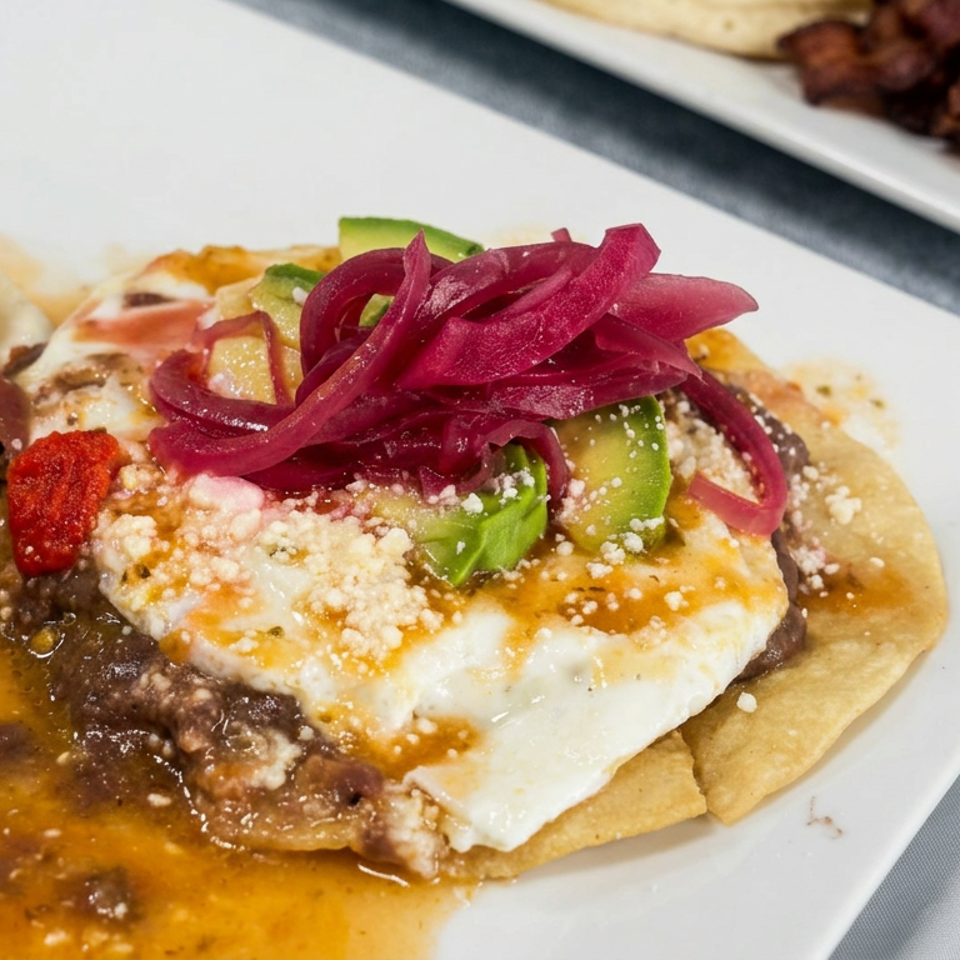 Crispy tortillas topped with beans, fried eggs, peppers, pickled onions, crumbled cheese, and savory sauce.