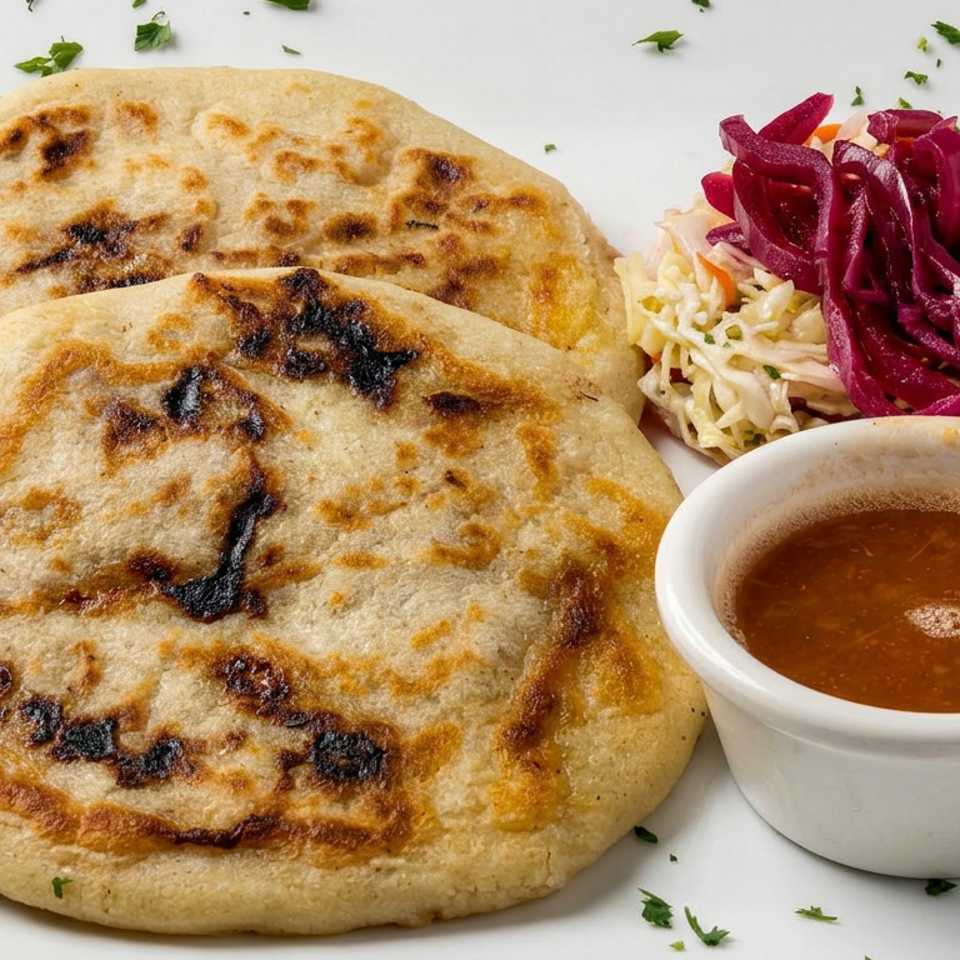 Two grilled flatbreads served with shredded cabbage slaw, pickled red onions, and a bowl of dipping sauce.